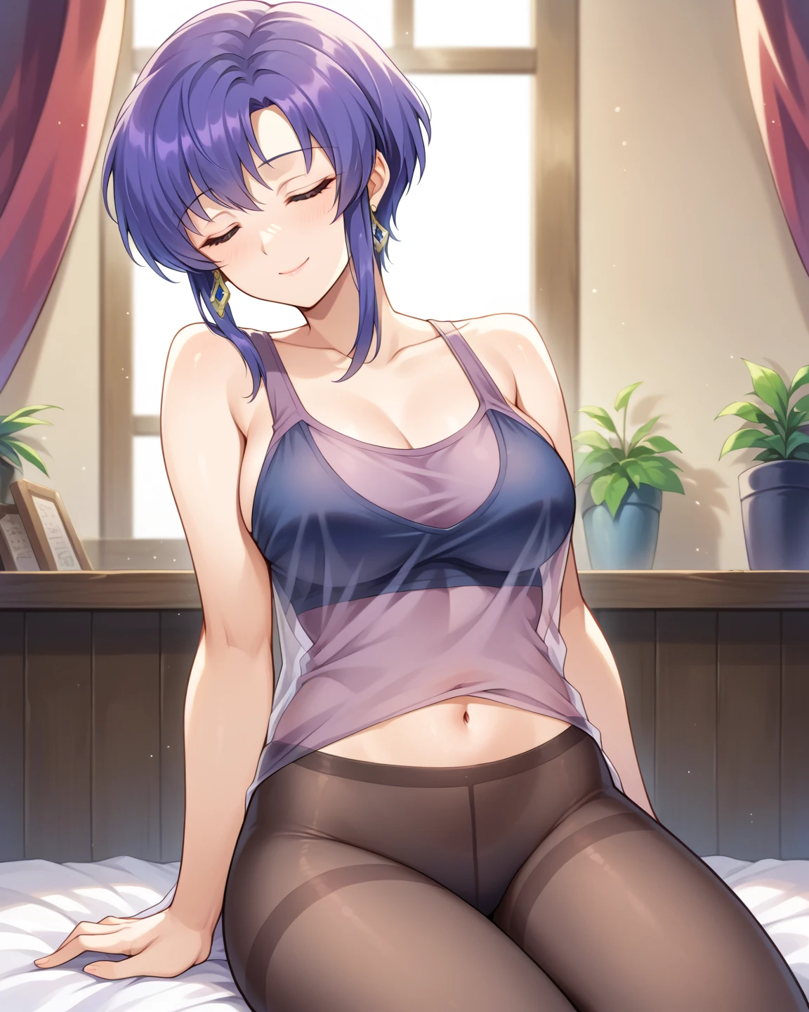 masterpiece, best quality, very detailed face, 1girl, purple hair, yellow eyes, short hair, medium breasts, sweat, summer heat, wet skin, very wet, sofa, sitted, bare legs, bare arms, light shirt, sports shorts, sleepy, blush,