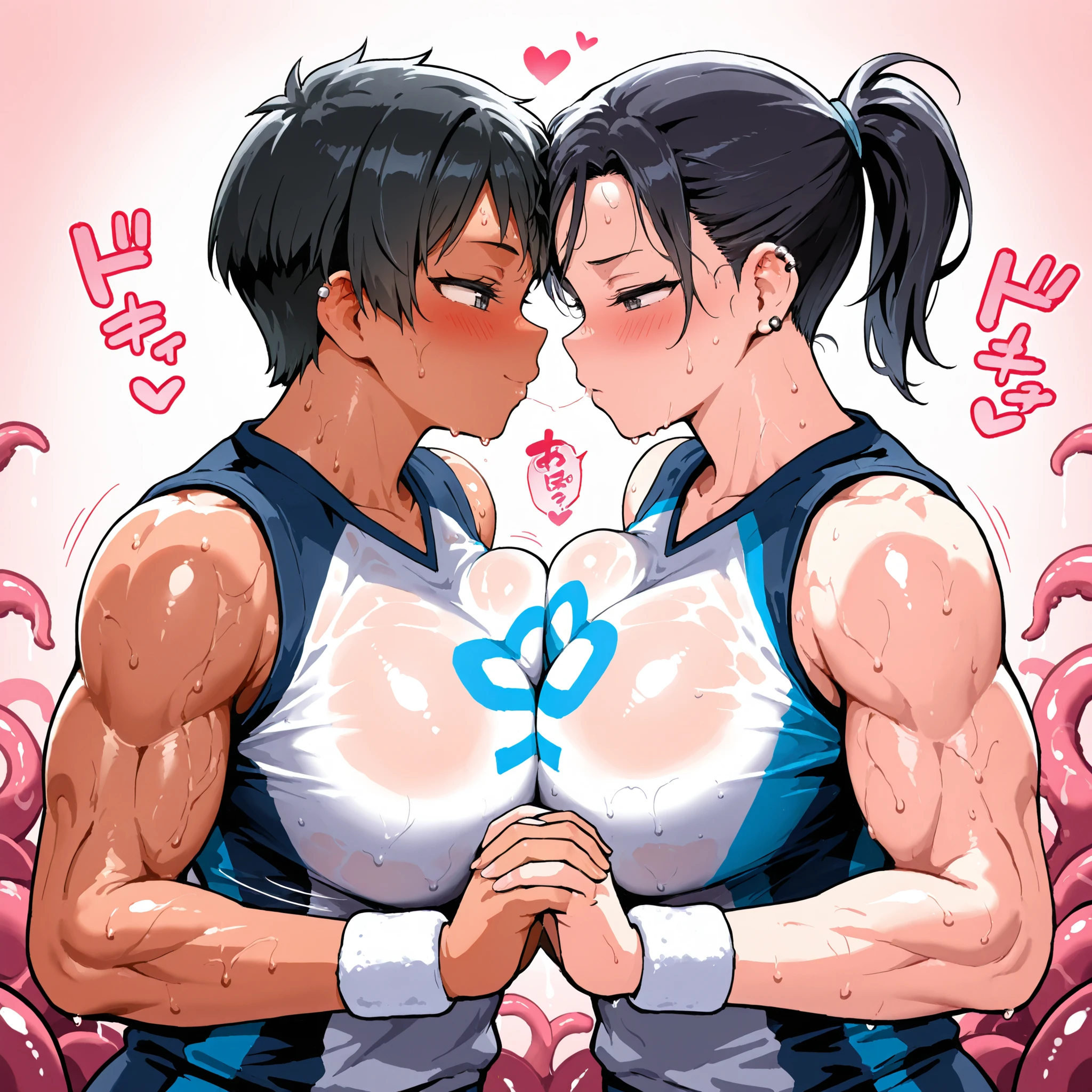 Volume Light , 2women in hair, black hair, short cut hair and ponytail hair, blush, muscular, ear piercing, Big Breast, Super sweaty body, tanned body, The expression I want to kiss , face the front and cuddle up, tentacle pit, holding hands, wearing a volleyball uniform, wristband, sound effect, heart