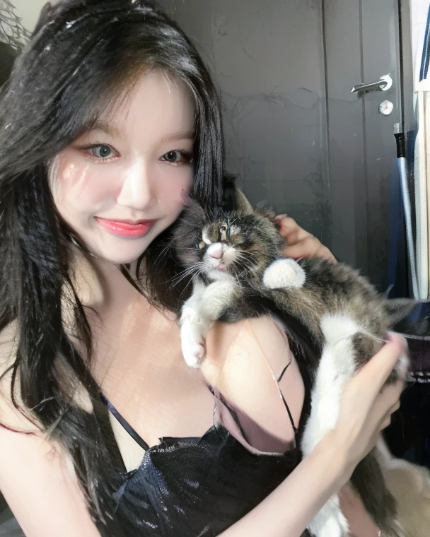 Woman lying on sofa,Holding a cat in his arms, she is holding a cat in her arms, with small cat on lap, very beautiful cute catgirl, Attractive cat girl, with cats on her side, beautiful young catgirl, woman / cat hybrid, Holding a cat