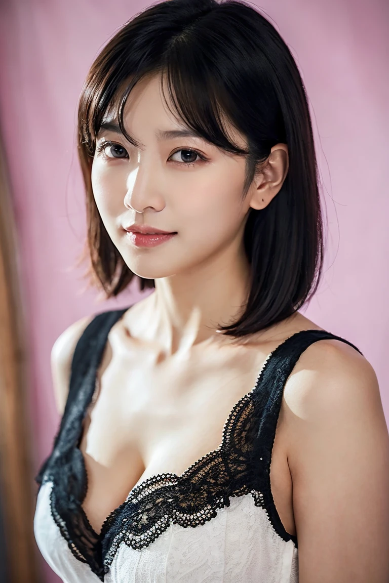 masterpiece, elegant. super fine details, masterpieces, realistic texture, realistic cinematic lighting, perfect job, 8K, hd, delicate features,, (big breasts:1.2), smile, (japanese idol:1.3),34 years old、 professional lighting,
(Sparkly black underwear, cleavage:1.3), choker、Ankle Strap Flats, , Leather envelope clutch, Minimalist Watches,