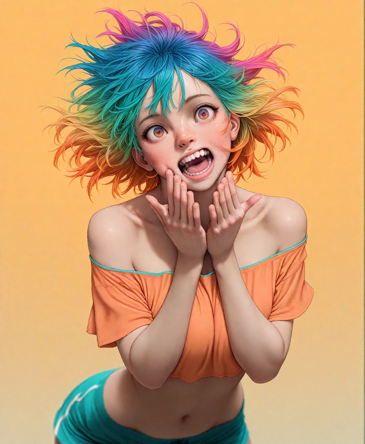 Paint leaking, thick Paint rainbow hair, open mouth, closed eyes, breasts covered with paint, sfw, calm facial expression, relaxed, gentle smile, paint instead of clothes, front view, sfw, breasts, relaxed face, relaxed shoulders, dynamic pose, liquid details