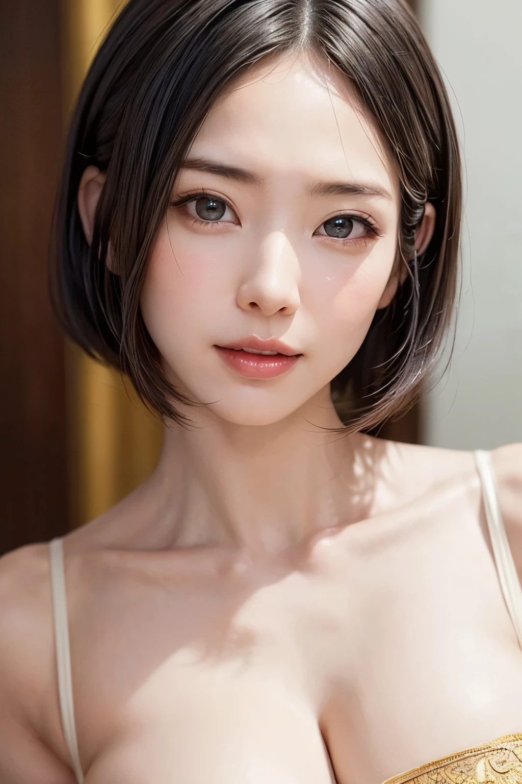1womanl, (Ultra Realistic, hight resolution), (Highly detailed eyes, Highly detailed hair, Highly detailed face, Highly detailed plump lips), (off shoulder with open breasts), breasts, Upper body, Search Smile, (Best Quality:1.4), Raw photo, (Realistic, photo-Realistic:1.37), Professional Photography, Cinematic Light, (Fine face: 1.2),