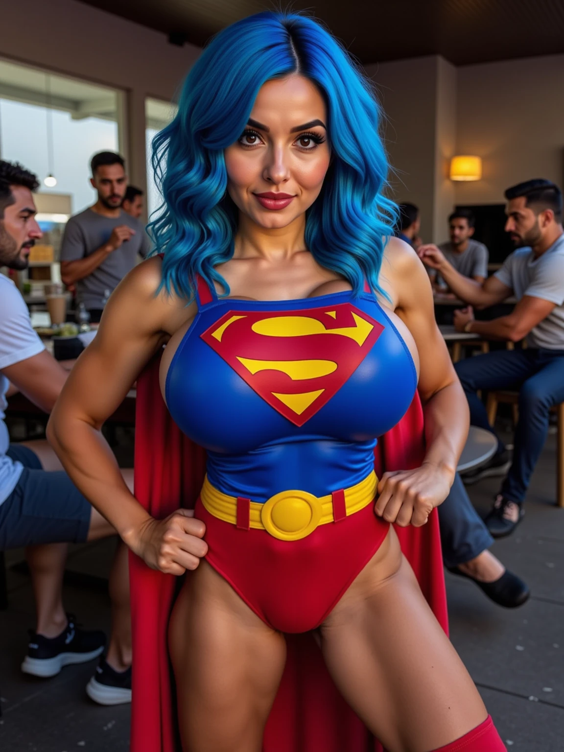 Caucasian woman, blue eyes, blue-black hair, wavy hair, long hair, athletic body, red lycra leggings, blue top, wet top, pronounced nipples, medium breasts, red sports shoes, exercise in the park, sweat, very busy park people, front shot.