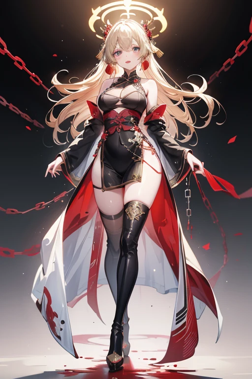 A girl with an oval face, beautiful and cold appearance, golden eyes, red lips, long white hair, seductive and sexy figure, large breasts, small waist, big hips, long legs, wearing black lingerie, detailed drawing, full body, ultra high definition.