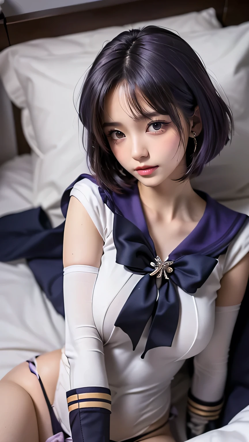 ((( top quality ))), (( masterpiece)), ( details),(((on the bed:1.4))), (((((( HotaruTomoe, (sailor Saturn , purple hair, short hair, elbow gloves, neck ribbon, bangs, long hair, circlet))))))))))), ((( Slender Body, Big Breasts , Big Breasts,chest, Cleevidge, big butt,Wide range,Thighs, ))), (( camel toe)),(( Glowing Skin, white skin, Glowing Skin)), Mysterious Light, ((( his face centered near the leg opening,sad face,humiliation,angry face ))), (( big eyes)), (((((( Bored Eyes )))))), (( random angle )), Fully effective , eyeshadow , pink cheeks, earrings, necklace for 1 person at the crotch,vaginal,breast grab,