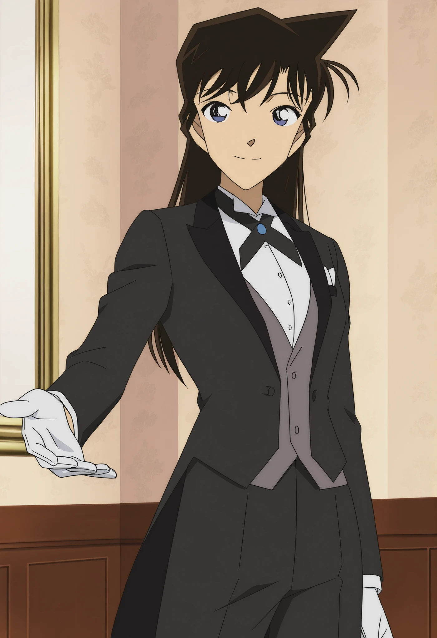 official anime artwork, screencap, anime screencap, masterpiece, detailed face,
Ran mouri, 1girl, solo, long hair Brown hair, blue eyes, anime coloring, tuxedo tailcoat, butler, pants ,, woman in a formal suit,she's looking at the camera with a calm smile,,, indoors,smile,, gloves ,masterpiece,best quality,amazing quality, ,,reaching at viewer,,,,