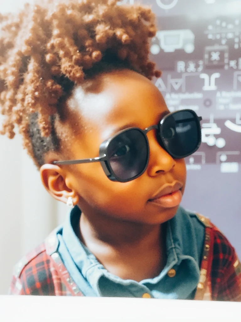 there is a young girl with sunglasses on posing for a picture, wearing cool sunglasses, with sunglasses, girl with glasses, wearing sunglasses, wearing big black circle glasses, in sun glasses, girl wearing round glasses, with sunglass, curly blonde hair | d & d, wearing shades, light skinned african young girl, sunglasses on, short curly blonde haired girl