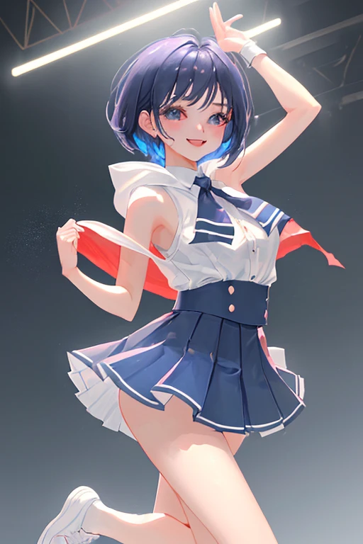 One girl、Sailor Mercury、Blue Hair、short hair、From the back、Beautiful breasts、Big ribbon on the waist、Curvy、