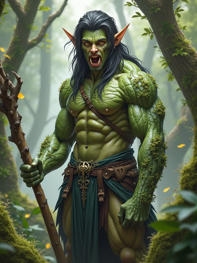 Gorgeous young man, half elf half orc, lean muscle, long black hair, grey eyes, greenish grey skin