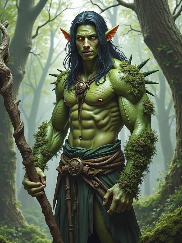 Male Gorgon with snakes for hair, red eyes, pointed ears and crooked teeth
