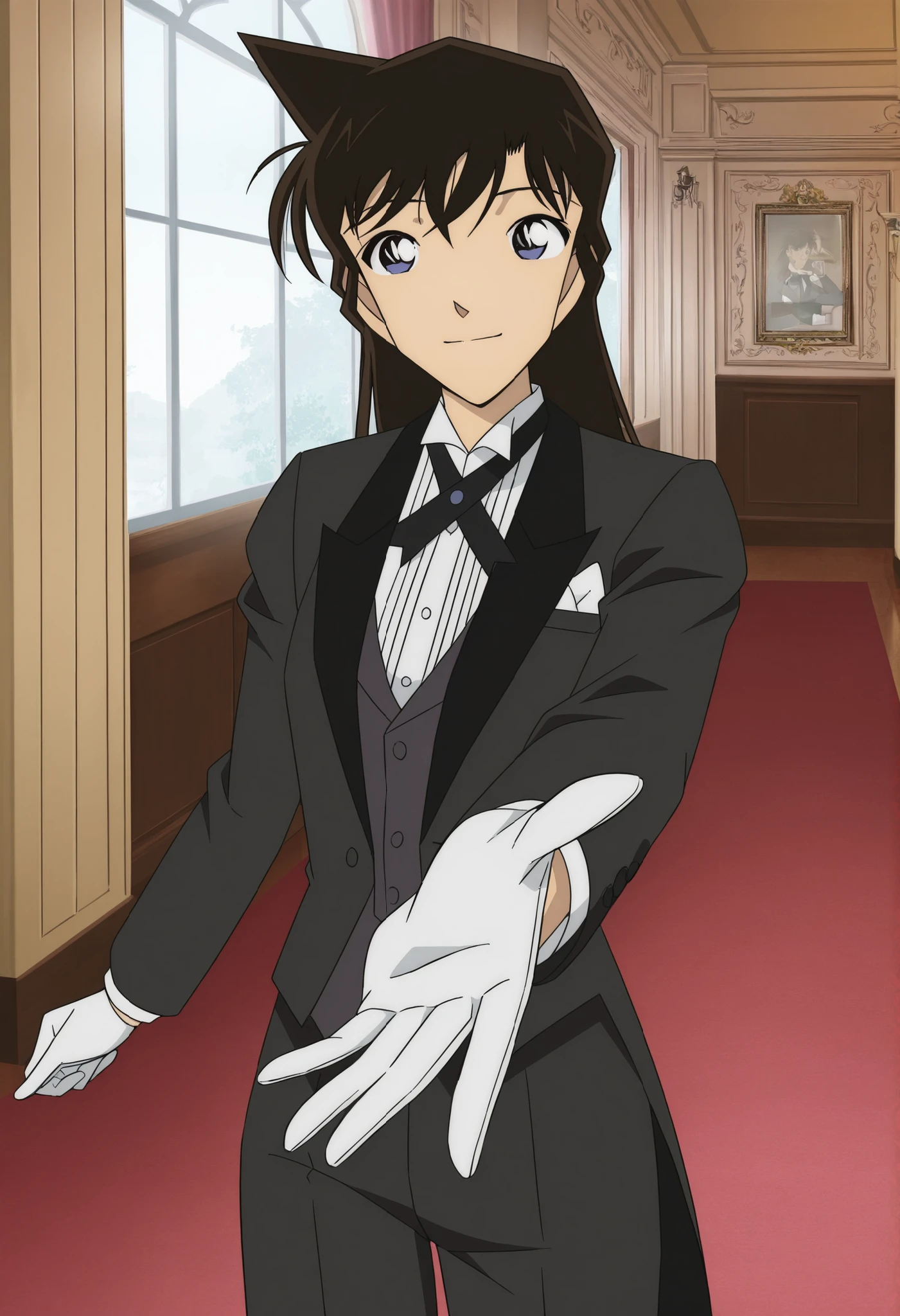 official anime artwork, screencap, anime screencap, masterpiece, detailed face,
Ran mouri, 1girl, solo, long hair Brown hair, blue eyes,, tuxedo tailcoat, butler, pants ,, woman in a formal suit,she's looking at the camera with a calm smile,,, indoors,smile,, gloves ,, ,,reaching at viewer,,,, badass, handsome girl, eyes details
