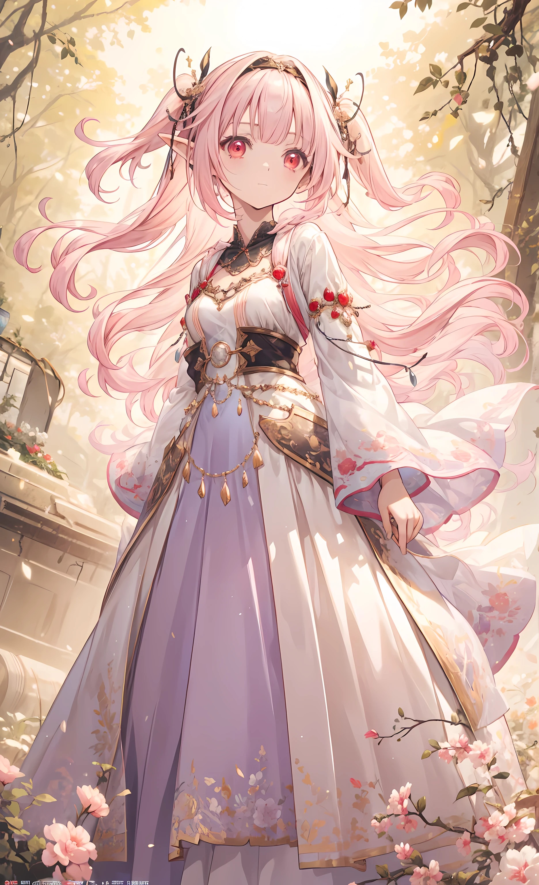 ( masterpiece、Top Quality、illustration、 very high quality 、HD、 extremely sensitive writing ) Ahog,Very Long Hair,pink hair,two side up,gradient hair color,colorful hair,Flowing Hair,Hairband, black ribbon,Hair accessories,two side up,Pointed ears, bangs, red eyes 、 beautiful national costume style dress , She wears a shawl 、Hair must flutter in the wind,Light and Shadow Effects,Golden effect ,