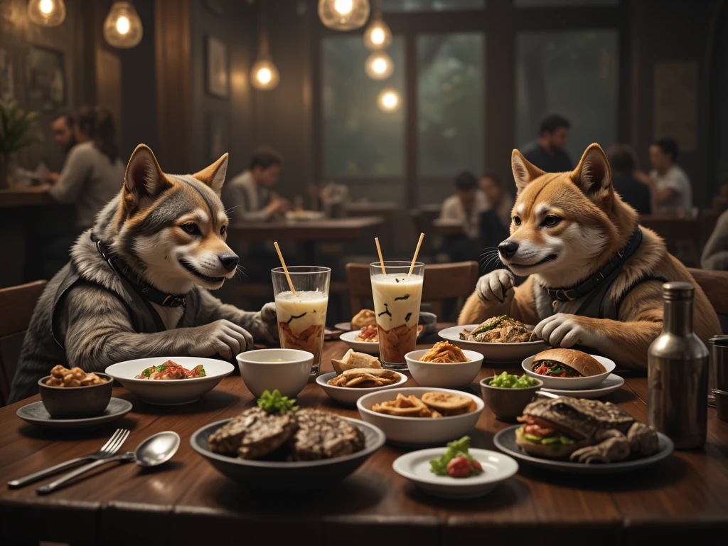 in woods、Animals、Table with tree trunks、Dining、a smile、fantasy-inspired --auto