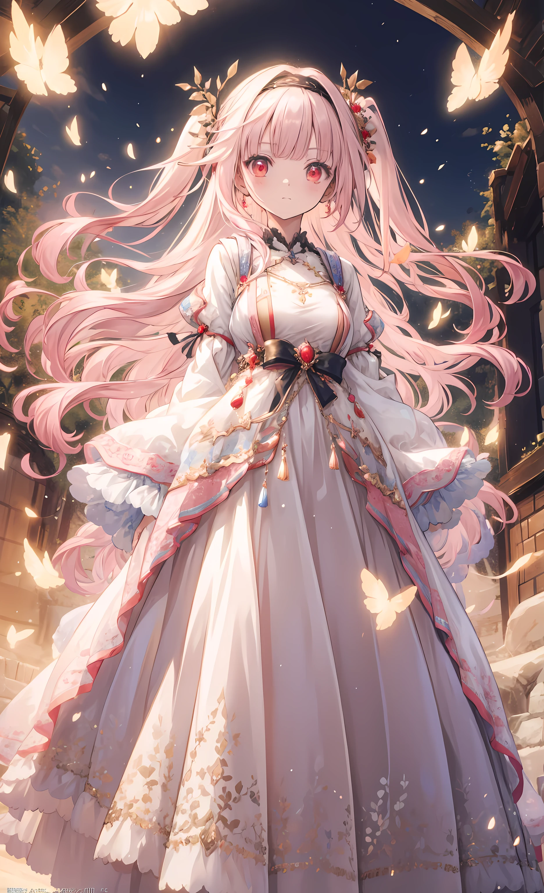( masterpiece、Top Quality、illustration、 very high quality 、HD、 extremely sensitive writing ) Ahog,Very Long Hair,pink hair,two side up,gradient hair color,colorful hair,Flowing Hair,Hairband, black ribbon,Hair accessories,two side up,Pointed ears, bangs, red eyes 、 beautiful national costume style dress , She wears a shawl 、Hair must flutter in the wind,Light and Shadow Effects,Golden effect ,