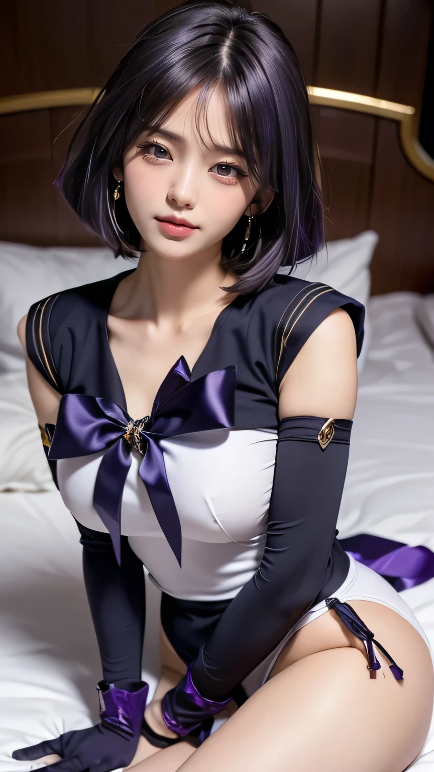 ((( top quality ))), (( masterpiece)), ( details),(((on the bed:1.4))), (((((( HotaruTomoe, (sailor Saturn , purple hair, short hair, elbow gloves, neck ribbon, bangs, long hair, circlet))))))))))), ((( Slender Body, Big Breasts , Big Breasts,chest, Cleevidge, big butt,Wide range,Thighs, ))), (( camel toe)),(( Glowing Skin, white skin, Glowing Skin)), Mysterious Light, ((( his face centered near the leg opening,sad face,humiliation,angry face ))), (( big eyes)), (((((( Bored Eyes )))))), (( random angle )), Fully effective , eyeshadow , pink cheeks, earrings, necklace for 1 person at the crotch,vaginal,breast grab,