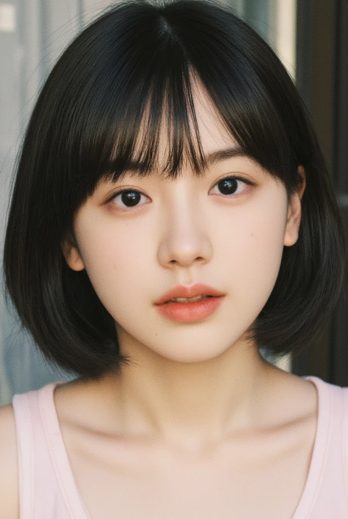 chest, View from the front, Tilt_forward, , girl,woman,woman, young,20-year-old, short hair, bangs, Black Hair, Beautiful Face, ;p, Heart-shaped_pupils, tongue, Chest cleavage, white_dress, good, Chest cleavage_cut out, High resolution,Small devil