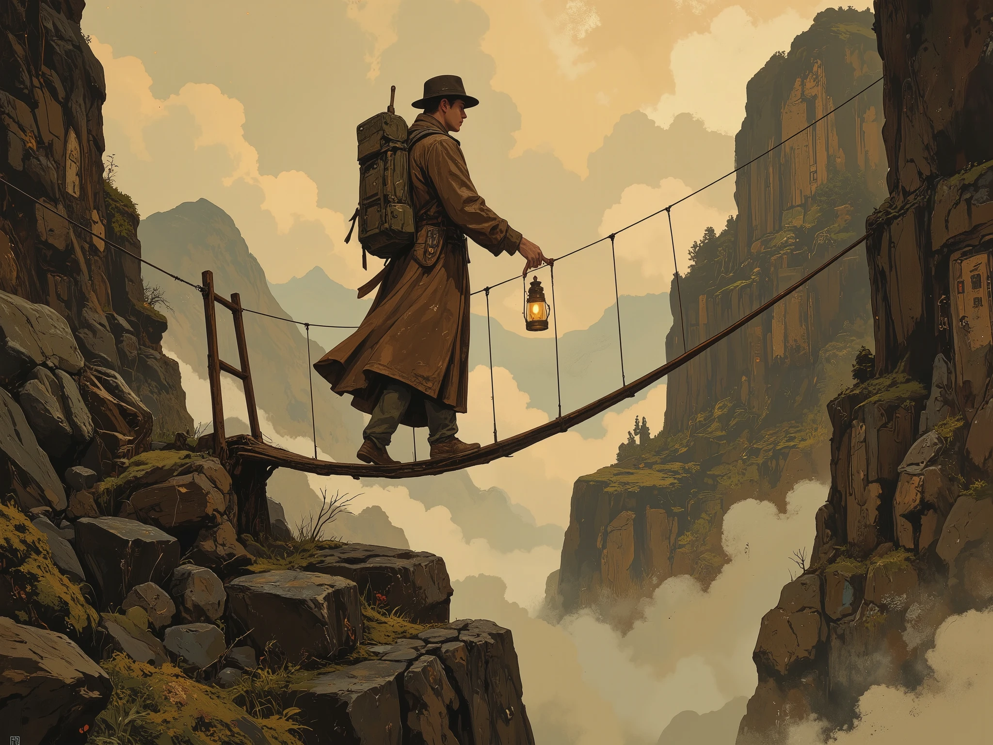 A vintage-inspired photograph depicting a lone adventurer crossing a rope bridge suspended high above misty cliffs. The figure is dressed in early 20th-century attire: a worn fedora and a long leather coat, accented with a rugged archeologist's backpack. In one hand, they hold an antique lantern, its flickering light barely cutting through the thick, ethereal fog surrounding them. Below the bridge, the ruins of an ancient civilization emerge—stones covered in moss, carved with cryptic symbols, and faint traces of forgotten grandeur.
The composition is steeped in sepia tones, blending deep browns and golden hues with subtle hints of green from the moss. The photograph is intentionally aged, featuring visible scratches, faded edges, and coffee-colored stains that lend authenticity to its vintage aesthetic. The atmosphere is heavy with mystery, emphasizing the interplay of light and shadow as filtered sunlight breaks through the clouds. The surrounding cliffs fade into the distance, with faint outlines of mountainous peaks barely visible through the fog. Style: highly realistic, textured, and immersive, with a flawless anatomical depiction and a focus on creating an authentic vintage snapshot ambiance."
Espero que este prompt funcione perfeitamente para o seu propósito! Se precisar de ajustes, é só pedir.