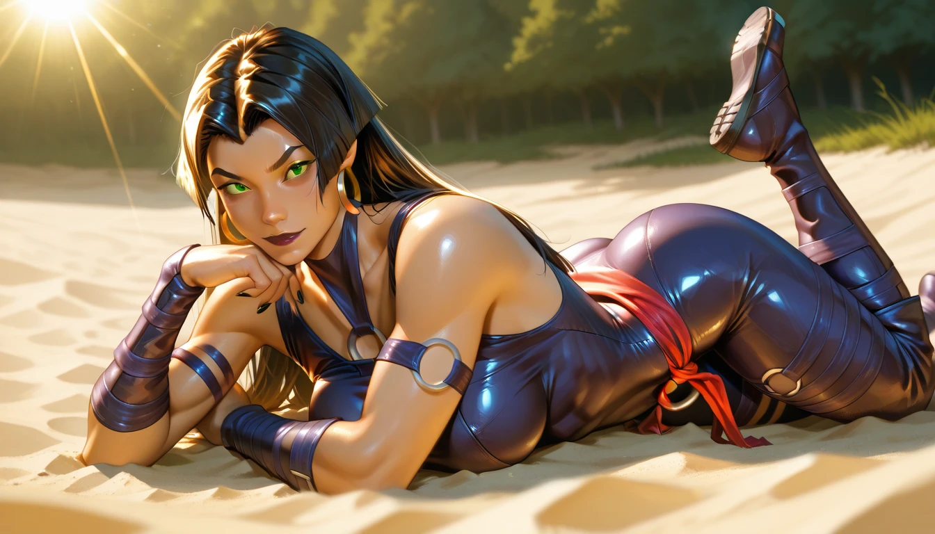 ninja woman, juri from street fighter, small breast, fit body, barefoot, smiling, inside dodjo, aesthetic, full body, high detailed image, masterpiece, realistic photo