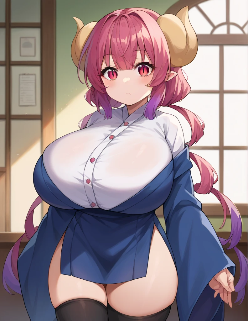 score_9, score_8_up, score_7_up, source_anime, dragonilulu, ilulu, curled horns, horns, long hair, multicolored hair, purple hair, red eyes, red hair, slit pupils, black shirt, long shirt, black thighhighs, collarbone, shirt, short sleeves, thighhighs, wide sleeves, zettai ryouiki, indoors, looking at viewer, cowboy shot, dutch angle, big breasts, cleavage, grabing breasts, grabing own breasts, bouncing breasts, blush,, breasts out, undressing, nipples
