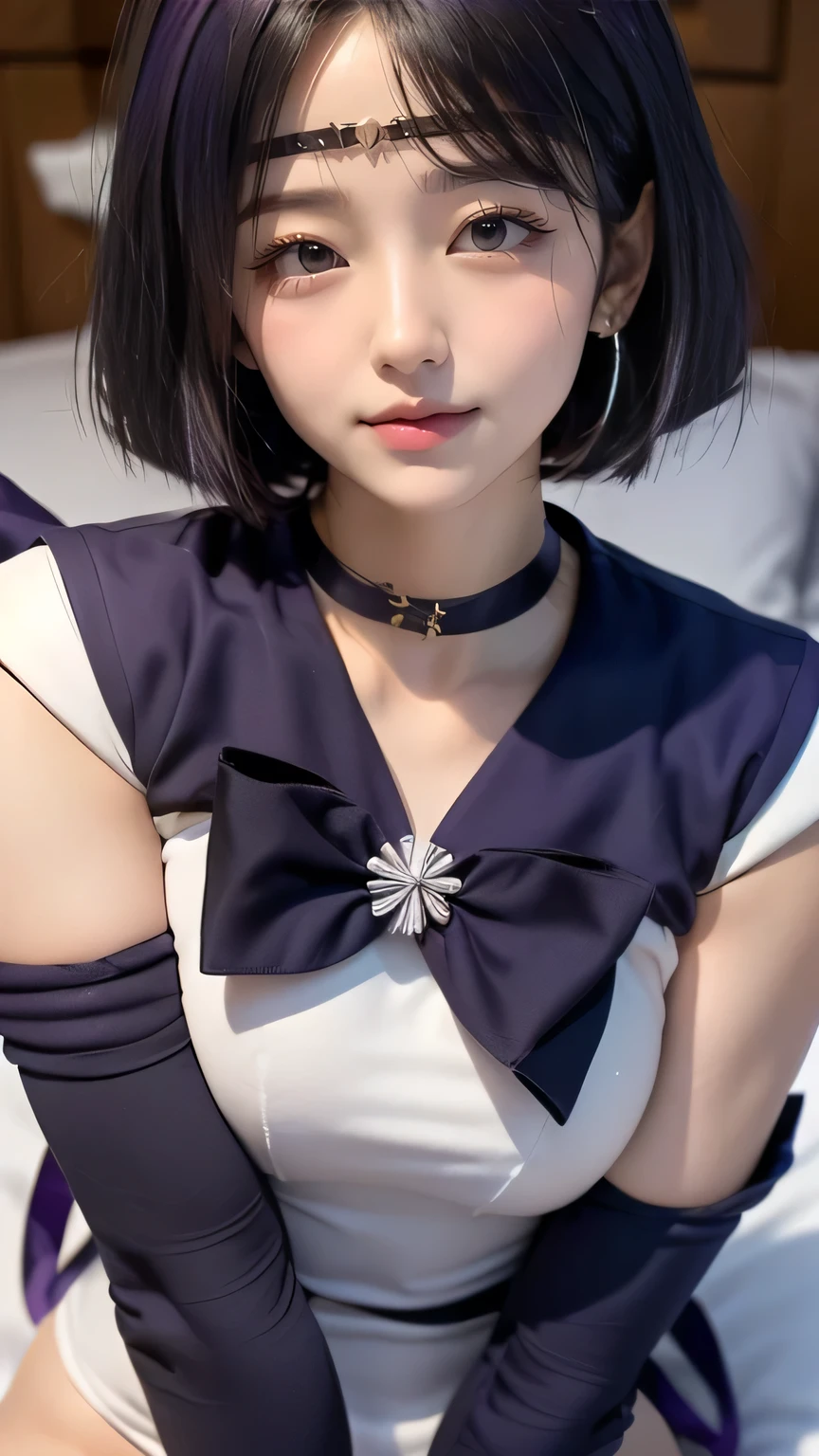 (((  top quality ))), ((  masterpiece)), (   details),(((on the bed:1.4))),  ((((((  HotaruTomoe, (sailor Saturn , purple hair, short hair, elbow gloves, neck ribbon, bangs, long hair, circlet))))))))))),  (((  Slender Body,  Big Breasts ,  Big Breasts,chest, Cleevidge, big butt,Wide range,Thighs, ))), (( camel toe)),((  Glowing Skin,   white skin,  Glowing Skin)), Mysterious Light, ((( well-groomed face,sad face,humiliation,angry face ,ecstatic expression,Pleasure,embarrassed expression,A slightly open mouth,Kiss  ))), ((  big eyes)), (((((( Bored Eyes )))))), (( random angle  )),      Fully effective      ,  eyeshadow ,  pink cheeks, earrings,  necklace for 1 person at the crotch,vaginal,breast grab,