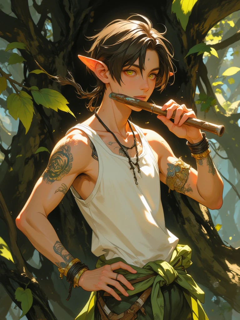young male satyr playing a flute in a tavern, human face, goat legs, flute