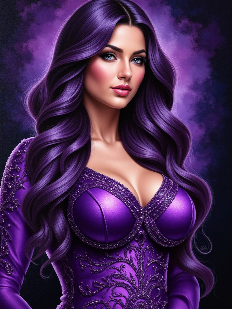 Lucy Pinder as a powerful enchantress posing for a picture, super villainess in black outfit (bare shoulders), long flowing purple hair, lush purple lips, looking at viewer, highly detailed face, subtle smile, pink smoke swirling around her, sorceress, loves being evil, goddess, beautiful, alluring, mesmerizing blue eyes, dark fantasy, real, symmetrical, high detail, best quality