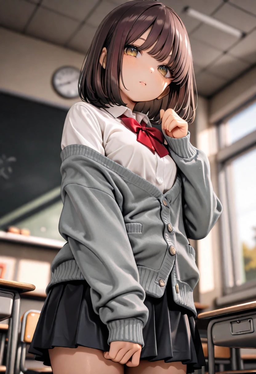 ((Tabletop, Highest quality, High resolution, Hmph, Pixel perfect, 4K, Hmph, Hmph))), One Girl, single, alone, Beauty、The whole body is visible、Angle from below、White panties、 ((Mid-wave hair, bangs, Brown Hair)), ((Brown eyes, Beautiful eyelashes, Realistic eyes)), ((Detailed face, blush:1.2)), ((Smooth texture:0.75, Realistic texture:0.65, Realistic:1.1, Anime CG style)), Medium chest, Dynamic Angle, Perfect body, ((Red bow tie, , Black jacket, Open jacket, Brown cardigan, White shirt, Black Skirt, Checked skirt、I'm not wearing shoes、White Sox)), An empty classroom、Sit at a desk、Lower&#39;I took my feet off the desk...、evening、、((Angle looking up from below))、Very embarrassing panic smile、(Hold up your skirt with both hands、Spread your legs、pink floral lace panties)、