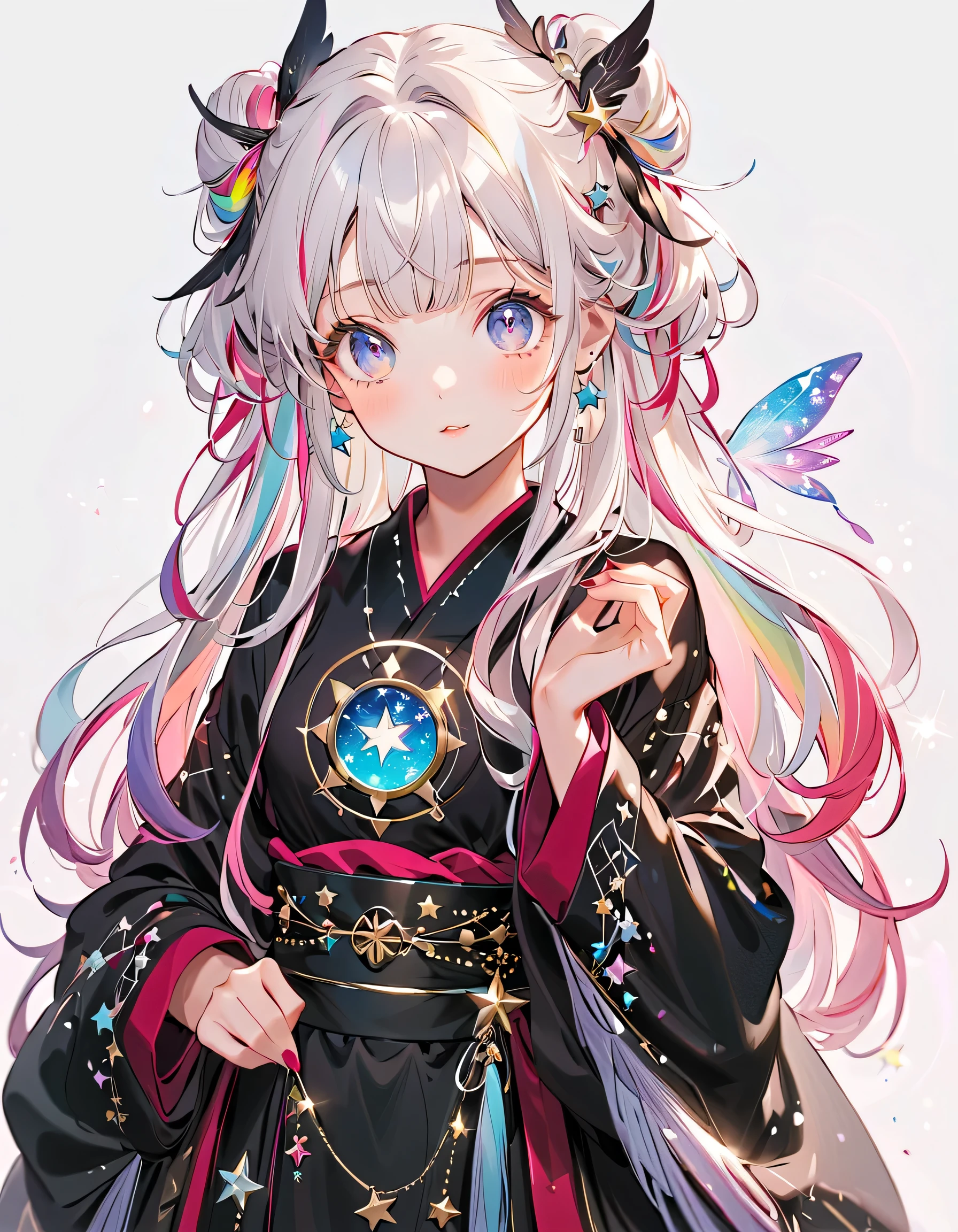 best detail、 1 girl,,Blink, ( hair color is milky white and hair tips are blue )、 cutest girl in the world ,Wear a colorful and cute gothic kimono costume , Star Fairy ,Wear a colorful and cute gothic kimono costume with little fairy feathers growing from above your waist 、 simple background、 Best Details 、 Long and wide cuffs 、Rainbow Hair Ornament、 VTuber character design 、 glitter、 detailed eyes 、Delicate lines of hair