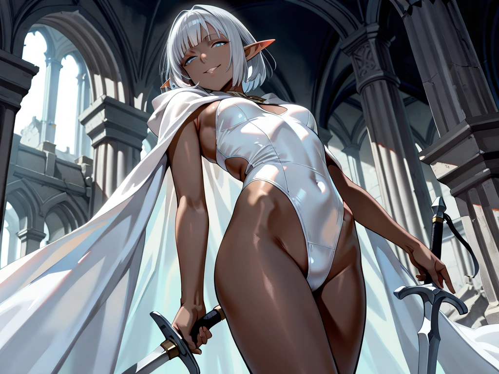 White hair、ponytail、1sexy elf, solo, female, mature, grey skin, pointy ears, white hair, ponytail, green eyes, serious, all-fours、from the rear、Stick your ass out、emphasis on the buttocks piernas de belleza、pechos grandes、una cara bonita, lingerie suit, tiro de vaquero, Hermoso, obra maestra, mejor calidad, cara extremadamente detallada, perfect lighting
