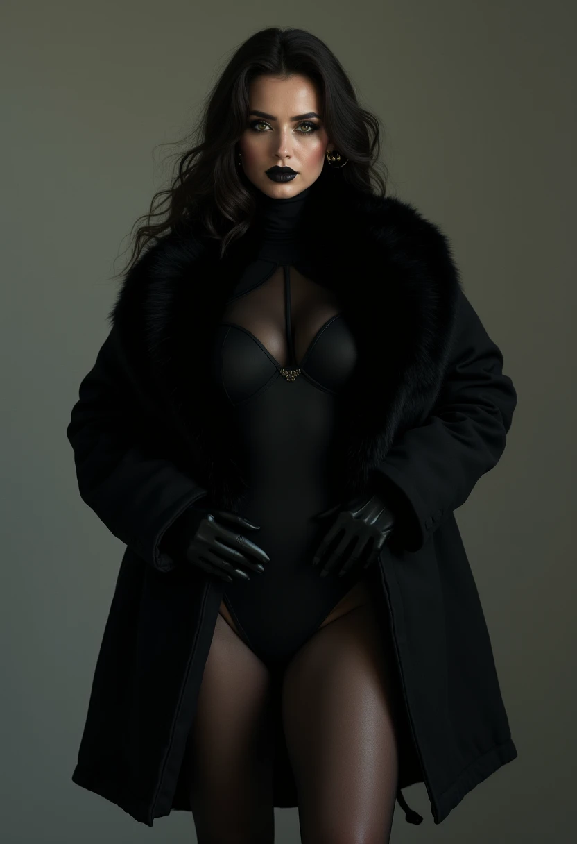 A stunning intricate full color body outfit of (sks woman:1), wearing a fur coatwith black dress, epic character composition, by ilya kuvshinov, alessio albi, nina masic, sharp focus, natural lighting, subsurface scattering, f2, 35mm, film grain, posses at istanbul turkey