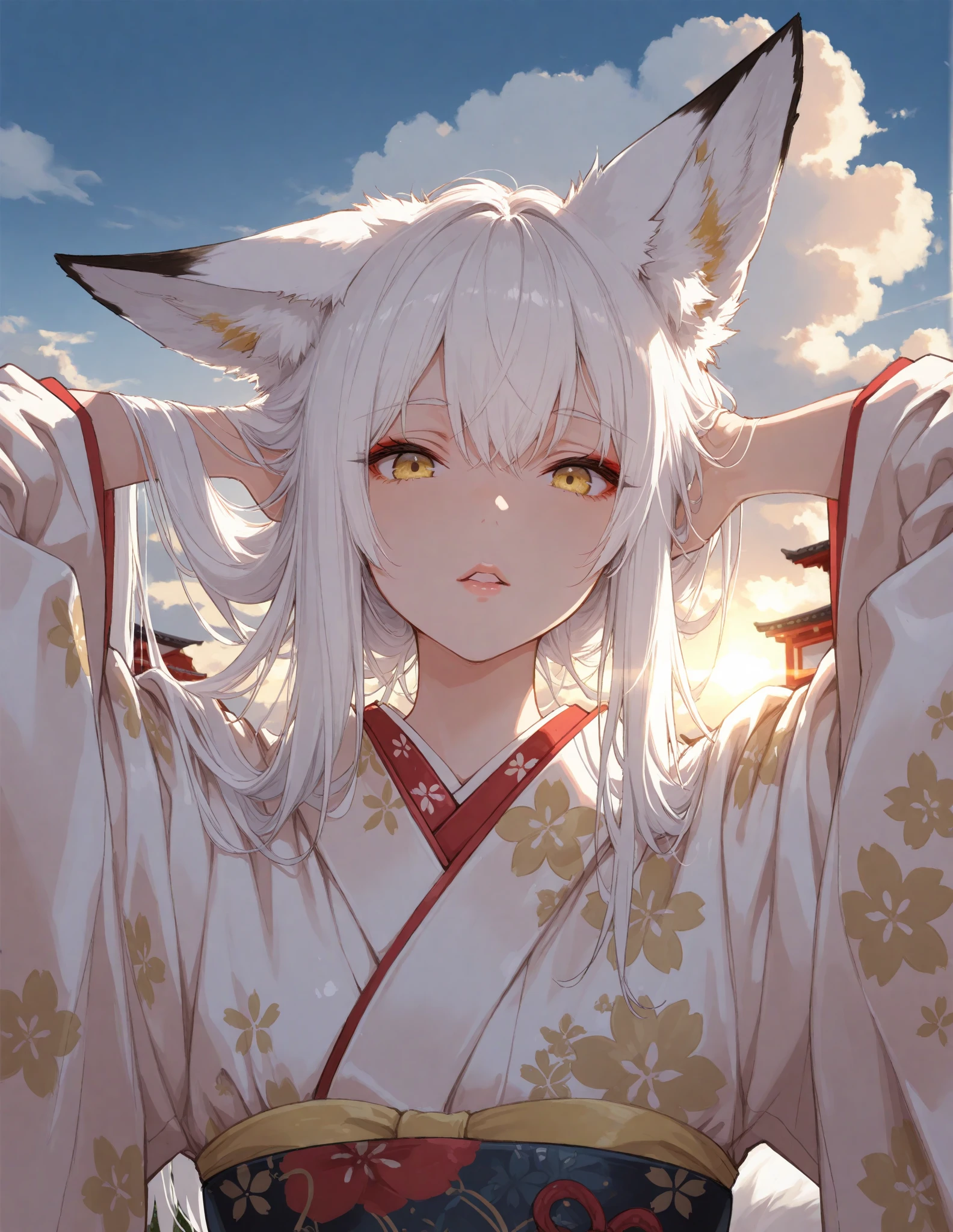 a chic, Fox tail, sky, white hair, Long Hair, animal ears, Masterpiece, yellow eyes, narrow, opened lips, looking at the viewer, kimono, floral print, outdoor, portrait, arms behind the head,  adjusting the hair, cloud, volumetric lighting,