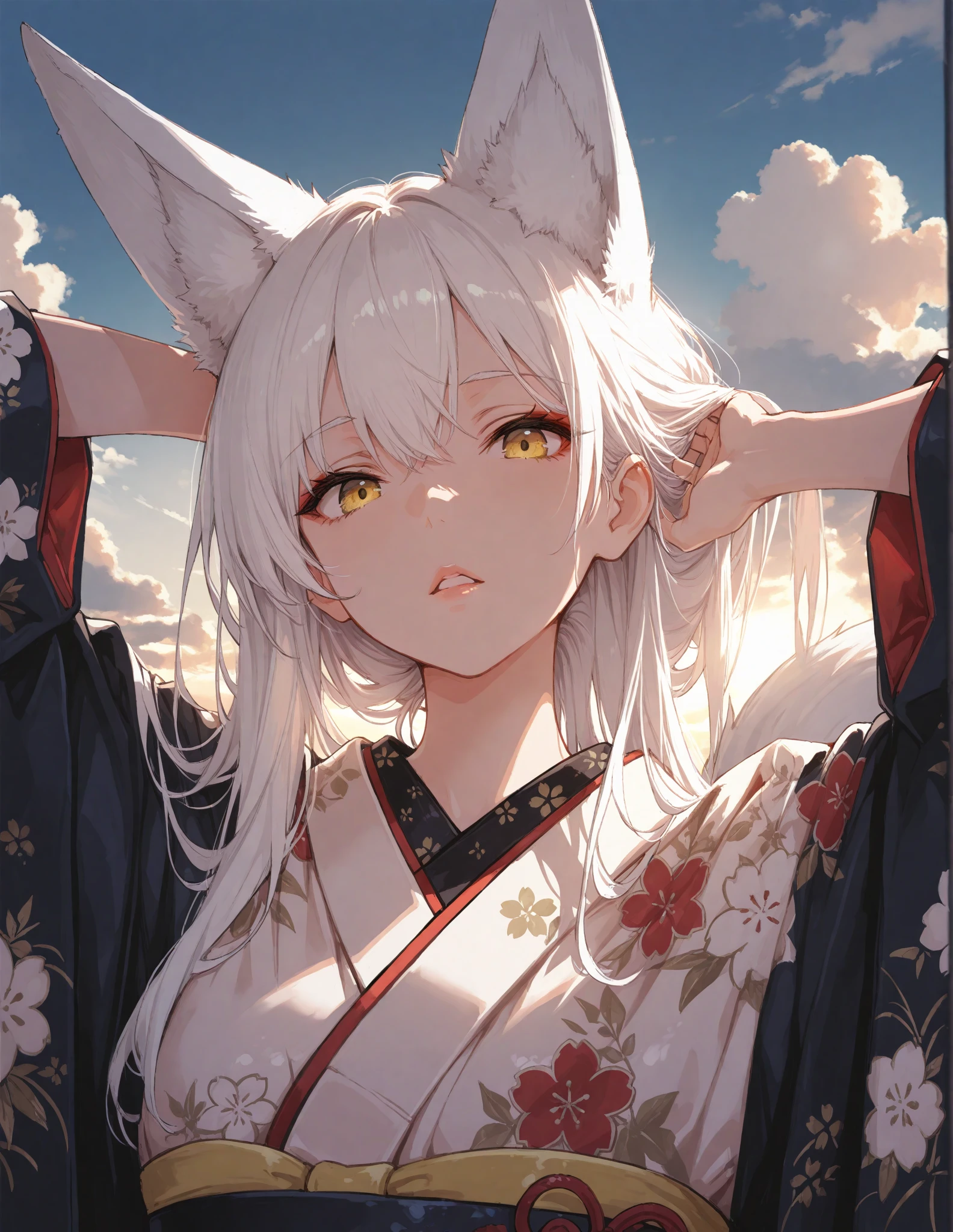 a chic, Fox tail, sky, white hair, Long Hair, animal ears, Masterpiece, yellow eyes, narrow, opened lips, looking at the viewer, kimono, floral print, outdoor, portrait, arms behind the head,  adjusting the hair, cloud, volumetric lighting,