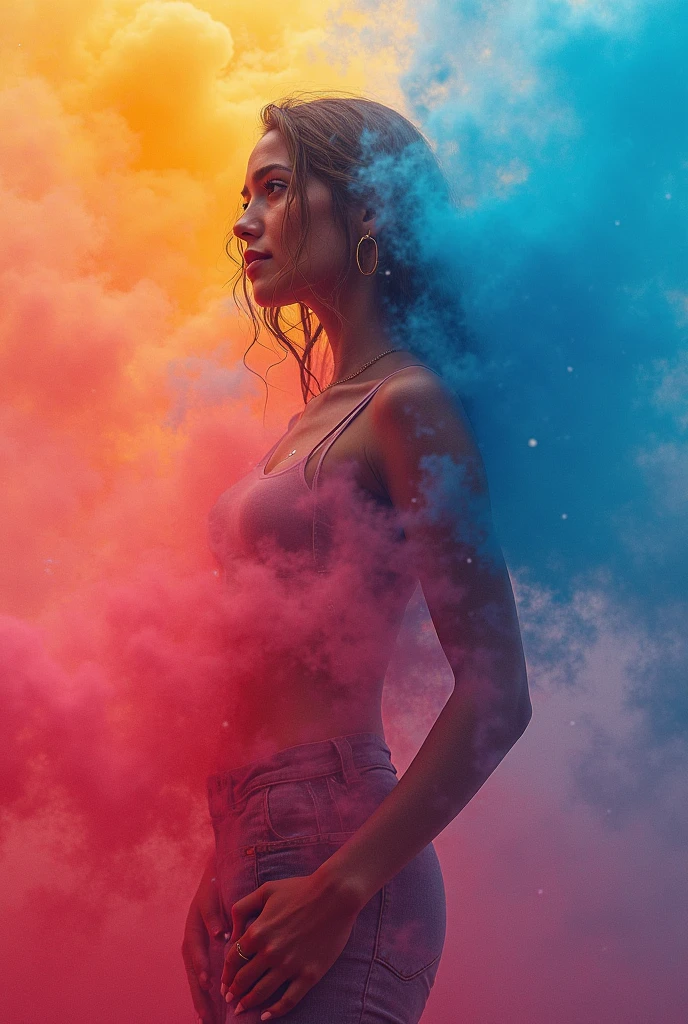1 fille, beautiful biracial woman, blue hair, blue eyes, in the big fog, Torn clothes, extremely detailed full body