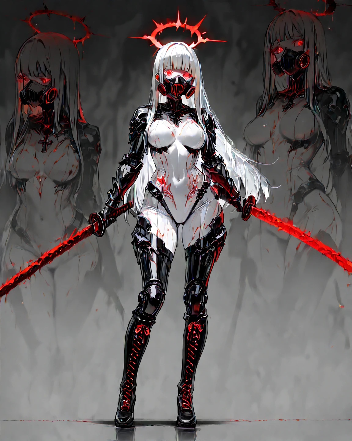 Fighting nuns。Chainsaw in hand。Hold a big weapon。Yandere Face。A smile。bodystocking。The navel is visible。red eyes。Chain Array。Tangling chains。sharp claws。Sexy。Dark indoor。