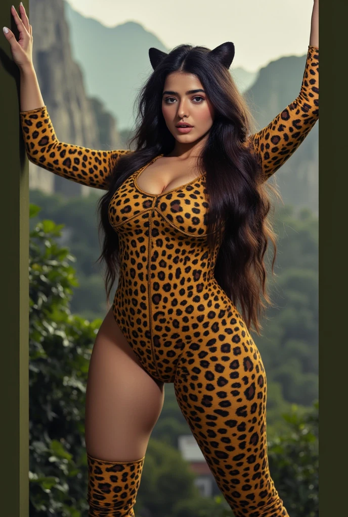 Beautiful, indian girl, (wearing tiger print dress) ,symmetric body, office,