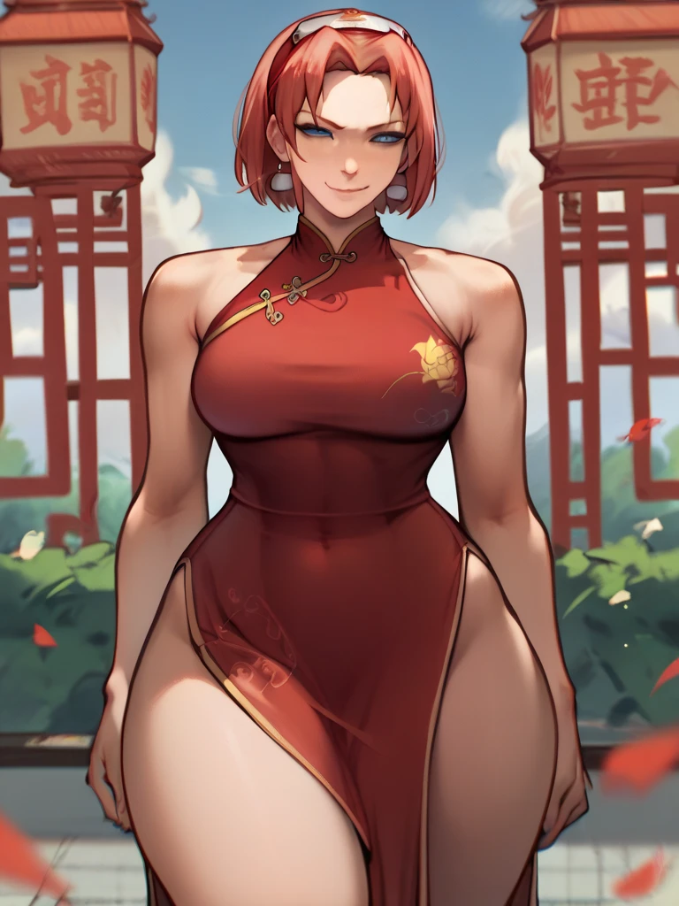 score_9, score_8_up, score_7_up, score_6_up, source_anime, nude, hip focus, sexy, wide hips, thicc figure, completely naked, abs, muscular, integra, integra hellsing. Face out of shot, Detailed face, Detailed eyes, perfect face, perfect eyes, seras, chinese dress, wearing chinese dress, sexy, presenting, thicc thighs, tiny waist, abs, exposed thighs, arms behind back