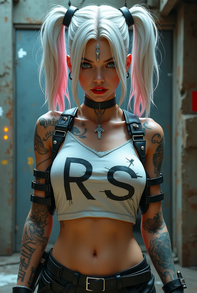 (8k,1080p,textura realista de la piel,realista,Obra maestra, La mejor calidad,high resolusion,HDR:1.5),( Harley Quinn:1.4),holding a baseball bat,((piel blanca:1.2)),((Tatuajes:1.2)),((maquillaje:1.4)),((risa malvada:1.4)),labios separados,belleza,cara delicada,Cara hermosa,Cara perfecta,piel brillante,long eyeslashes,(((ojos ahumados,sombra de ojos:1.3))),((colas gemelas)),((cana,azul, rosa, blanco, reflejos:1.4)),((abrigo rojo:1.3,camiseta blanca sin mangas:1.3,pantalones cortos de mezclilla,Medias de red blanca:1.2))),(Ropa rasgada:1.2),Manos con garras, ojuelos,((red lipstik)),Senos de copa D,cintura delgada,caderas anchas,Trasero de burbuja, ((en la ciudad de Gotham,Ciudad en ruinas,Fondo de alto detalle:1.2)),((Explosion Everywhere:1.3)),(((Fuego de guerra por doquier))),Helicopters flying in the sky,bright illumination,colores brillantes,film filter,seductor,pose sexy,dynamic shot,((piel sucia))