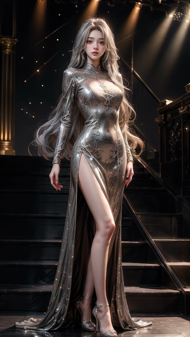 Top quality work，Realistic works，Super premium graphics card，8K HD CG works，High-quality graphics，High-definition exquisite CG works，10x pixel，Extremely fine details：1.1，Advanced technical details：1.1Photographic Reality，室内Lighting Effects：1.5，Natural light：1.5. Lighting Effects（虚拟Lighting Effects：1.8），Ultra-high resolution，Shiny red dress，Long silver hair，Silver Hair，Transparent hair，High Detail Hair（High-quality hair details：1.1）Clear eyes，Are double eyelids beautiful?，Sharp eye makeup, Delicate eyelash makeup, Thin eyebrows, Ultra-fine eyes，high nose, Lovely red lips, Rosy Cheeks, Exquisite makeup on face , Pretty Face, Perfectly proportioned face,（Advanced facial details：1.1）Collection of Shiny red luxury dresses，Bright red sequined dress，Sequined jacket，Shiny，tight long skirt，Summer sexy hip-wrapped fishtail sleeveless commuter long skirt，Horse socks 100%Panst Gloss Silk Gloss 8D Black Silk Woman，stilettos，Gloves，Beautiful long skirt，beautiful clothes，Red Series，A collection of haute couture dresses，dress photography，Authentic clothing works，In the banquet hall，female artwork，full body view，Costume Goddess，Reality，Astonishing，Today&#39;s eyes are bright
