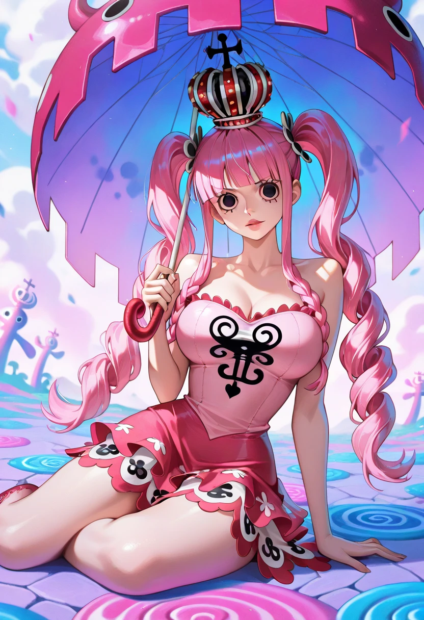 masterpiece, highest quality, 8K, ultra high resolution, highest quality, anime style, best writing, beautiful face, Peronaちゃん, cheems_Perona_V3, pink hair, black eye, long eyelashes, dull bangs, drill hair, red lipstick, twin tails,(Pink ruffled bikini:1.3), (Black ruffles:1.1), perfect anatomy, alone, Upper body, (beach:1.3), (ghost:1.3), smile, (model posing:1.3)