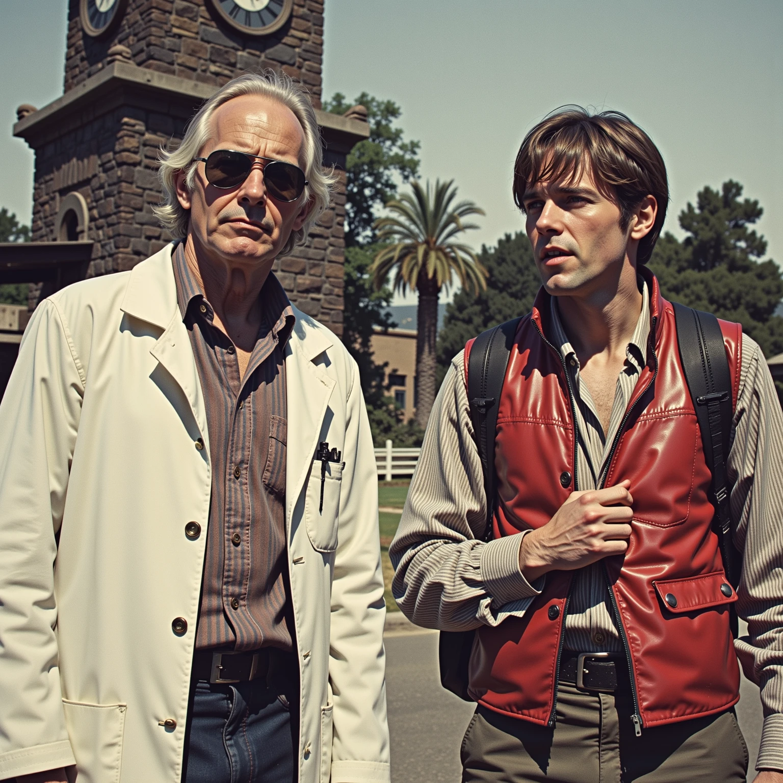 top quality, ,(1 old photo:1.3),Back to the Future,Alteration of history,hot,The background is Hill Valley Clock Tower,デロリアン, (Dr. Emmett Brown ,wearing a white labo coat,look like 60 years old )and (Martin McFly,wearing a sleeveless jacket,20 years old,cool )