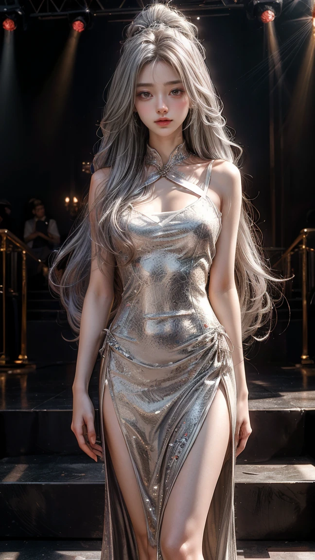 best work,Super high quality work,4K:2.0,ultra high definition,8K HD CG production,High quality graphics,3D high-definition CG photos,Ultra high pixels,Super exquisite:1.1,technical details:1.1,室内灯Light effect果:1.1,Natural dimming,Light effect,Ultra high resolution large files,fashion clothing photos,Exquisite and sexy woman,A mature and sexy woman,Royal sister temperament,Characteristics of European and American women,Mixed-race beauty,Temperamental type goddess,silver hair,She has long white and silver hair,clear hair,Careful hair texture(Premium hair details:1.1)Beautiful and delicate eyebrows and eyelashes,big eyes,light red eyes,sexy red lips,perfect lip shape,clear skin texture,hydrated skin(Advanced facial details:1.1)The face of a perfect goddess,perfect body shape,top supermodel,devilish figure,Buttocks raised,Men’s waists are all thin,long legs,(Advanced skin details:1.1),Smooth,Wear evening gown,deep purple dress, ((glow dress:1.5))sequin evening dress,dress dress,silk scarf,lace dress(Premium lace details:1.1)deep purple,High heel,livestock,Wear jewelry,ear nipple ring,necklace,bracelet,Having dinner,full-body shot,Costume Art Photos,high quality work
