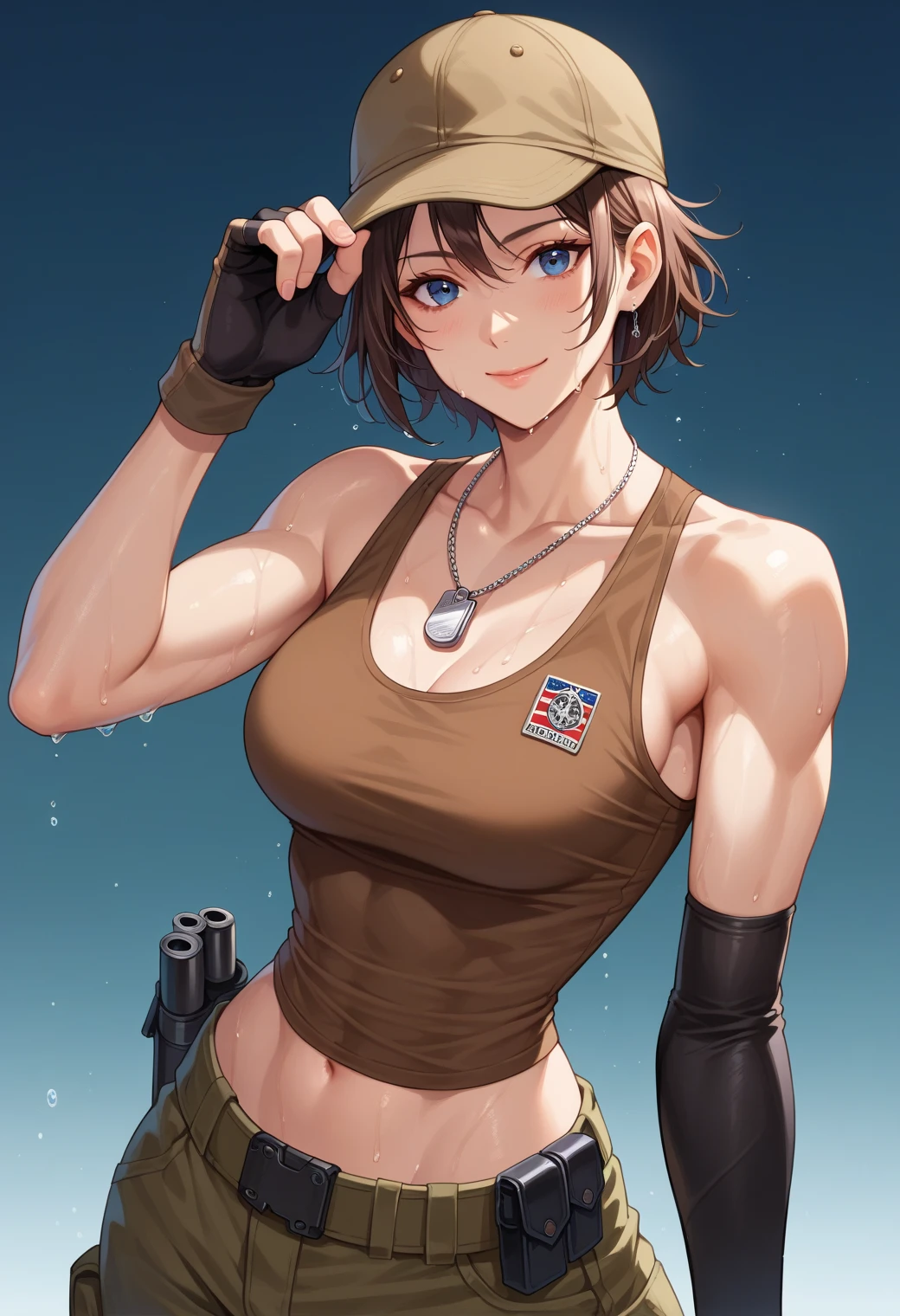 masterpiece, highest quality, High resolution, 4k, 8k, (1980s \(style\):1.1), cowboy shot, ((Dirty Pear Kay)), alone, 1 girl, tan, tanLINES, smile, looking at the viewer, put your hands on your hips, head band, uniform, crop top , Attach the gun holder to your waist, (Hold the gun, futuristic, On the left hand), face-to-face audience, looking at the viewer, 