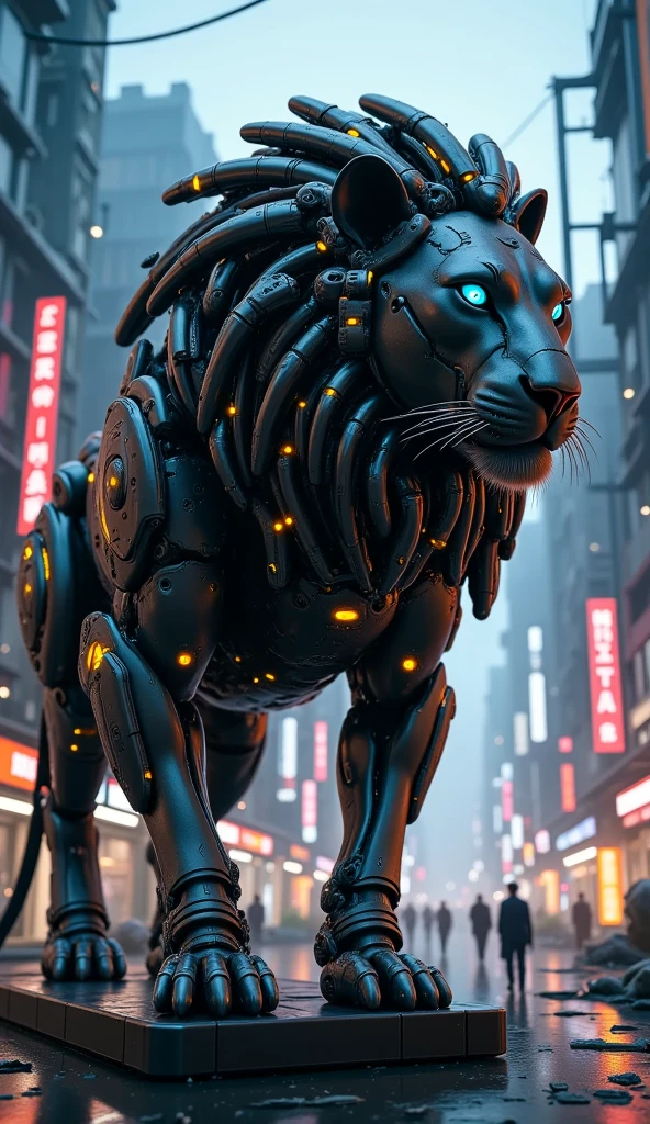 ((Masterpiece artwork, 16K, best qualityer, high resolution: 1.3)), (A portrait of a biomechanical Mosquito robot: 1.2), (Hyperdetailed and intricate matte painting by Jean Baptiste Monge, Jesper Ejsing, Anton Fadeev, Peter mohrbacher: 1.2), (hypermaximalist, Precision: 1.2), (blue, greens, yellows: 1.2), (The robot lion is a fusion of organic and mechanical elements: 1.2), (Its mane is composed of intricate details,  Tendrils and metallic wires:1.2), (Its eyes gleam with a vibrant blue light, Suggesting AI:1.2 Advanced), (The body is a complex arrangement of gears, Pistons and circuits:1.2), (The mechanical parts are perfectly integrated with the organic features, Creating a harmonious blend:1.2), (The background is a futuristic industrial landscape with imposing structures and neon lights:1.2),  (The composition showcases the intricate details of the robot lion and the futuristic setting:1.2), (A moment frozen in time, capturando a essência do avanço tecnológico e da Precision artística:1.3), AR-16:9