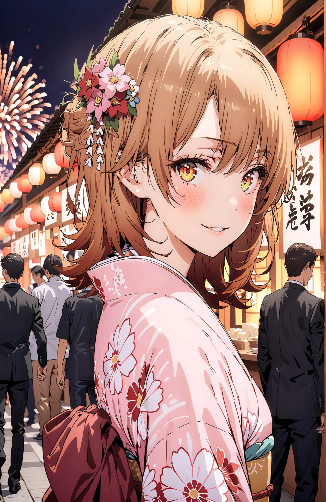 Iroha Isshiki, brown hair,brown eyes,half up do,short hair,flower hair ornament,Pink floral kimono,Light up fireworks,Japanese stalls ,Red Lantern,smile,blush,grinning,crowd,full bodyがイラストに入るように,
break looking at viewer,full body,
break outdoors, Japanese Festival,
break (masterpiece:1.2), best quality, high resolution, Unity 8Kの壁紙, ( illustration :0.8), (beautiful detailed eyes:1.6), highly detailed face wearing black, perfect lighting, VERY DETAILED CG, (perfect hand in h, perfect anatomy),