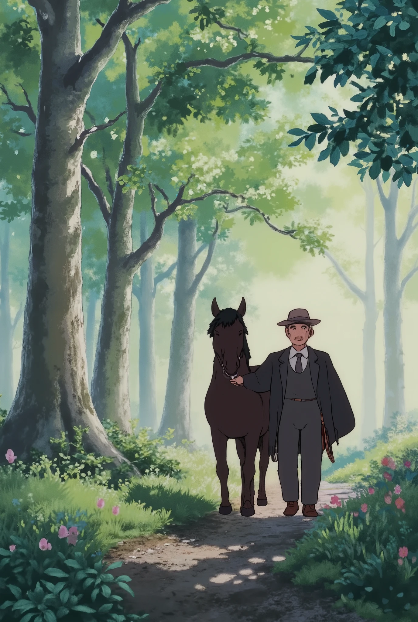(((masterpiece, highest quality, High resolution,8k))),morning,Stableman pulling a horse,Forest Path、(((mist:1.7))),tree in morning fog. midde age outfit
