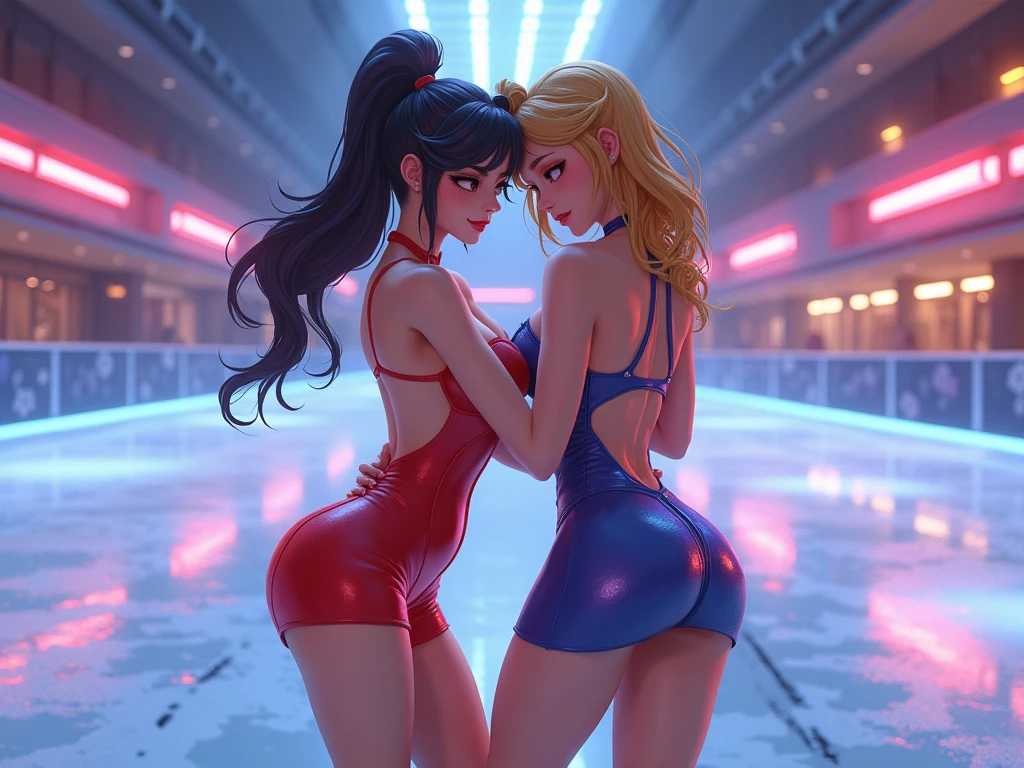 Two women hugging each other, Put your hands on your crotch, (One woman has green eyes, White skin, Long black hair, ponytail, choker, Small breasts, lipstick, compensate, eyeliner), (The other woman has blonde hair and brown eyes.), Wearing sexy neon clothes,Put on boxing gloves、 In the pool, (Cyberpunk Theme), (masterpiece, Highest quality, 8k, Sharp focus, Depth of written boundary, Best Shadow, Perfect lighting, High resolution, Realistic skin texture,  Highly detailed and detailed background),