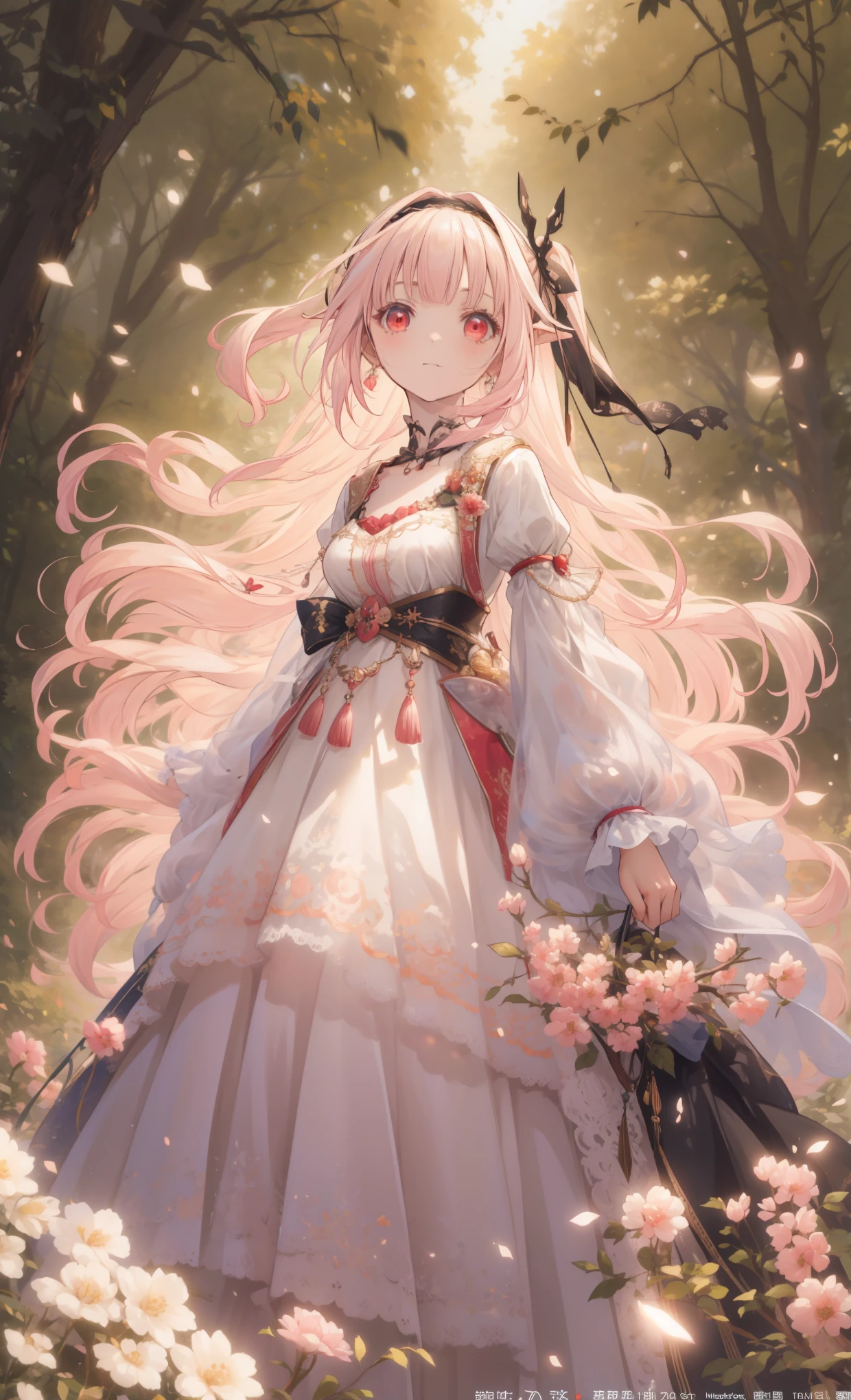 ( masterpiece、Top Quality、illustration、 very high quality 、HD、 extremely sensitive writing ) Ahog,Very Long Hair,pink hair,two side up,gradient hair color,colorful hair,Flowing Hair,Hairband, black ribbon,Hair accessories,two side up,Pointed ears, bangs, red eyes 、 beautiful national costume style dress , She wears a shawl 、Hair must flutter in the wind,Light and Shadow Effects,Golden effect ,