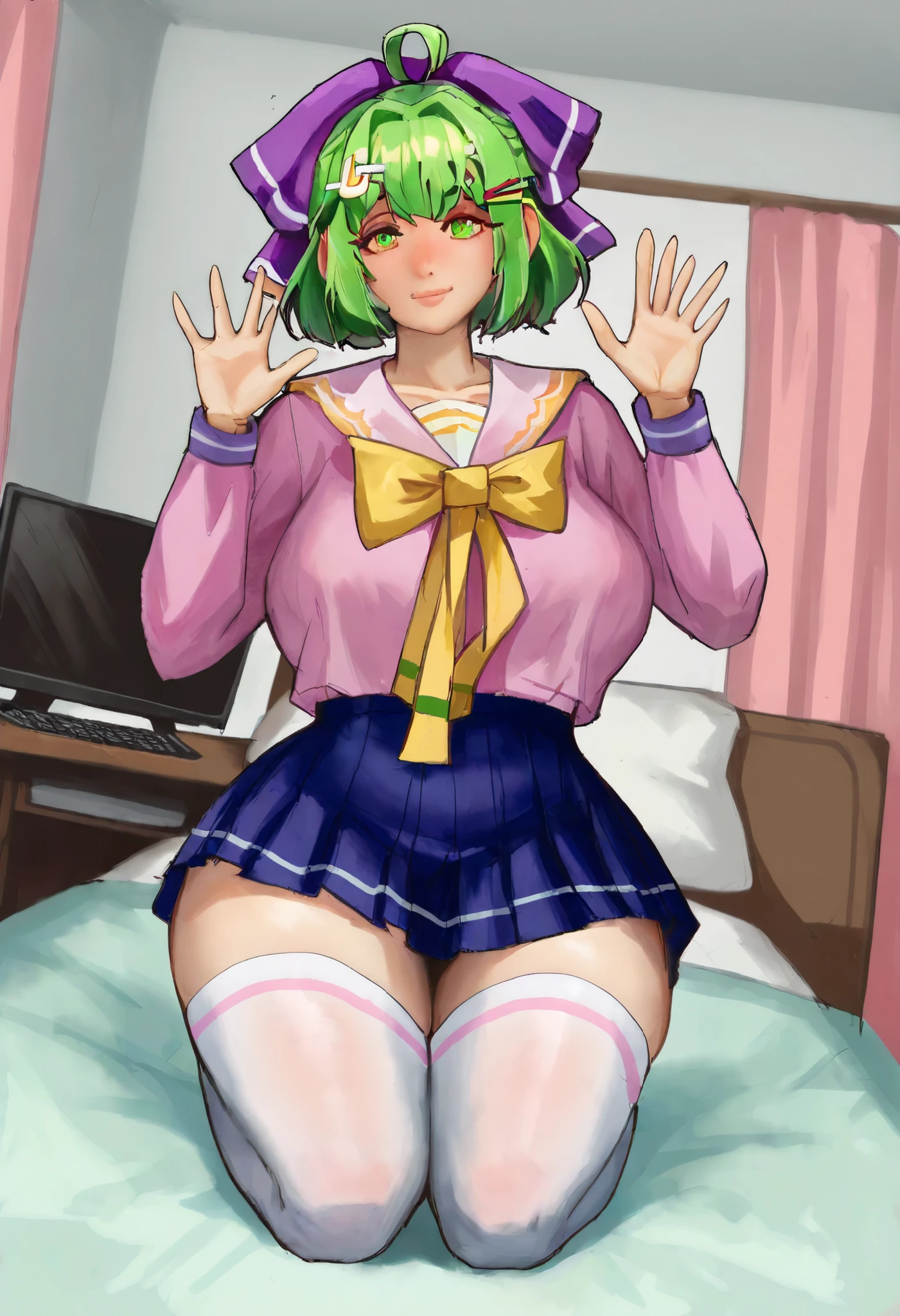 score_9, score_8_up, score_7_up, score_6_up, score_5_up, score_4_up, BREAK source_anime, 1girl, 1boy,
ChopioMitsuri, long hair, pink hair, green hair, twin braids, multicolored hair, green eyes, eyelashes, mole under eye, (looking at viewer:1.1),
large breasts,
white serafuku, blue sailor collar, white shirt, blue neckerchief, blue skirt, pleated skirt,
classroom, desk, chalkboard, sitting, smile, seductive pose, open mouth, hands on desk, topless, bottomless, naked, blushing, vagina, penis, penetration, missionary position, sex, fucking