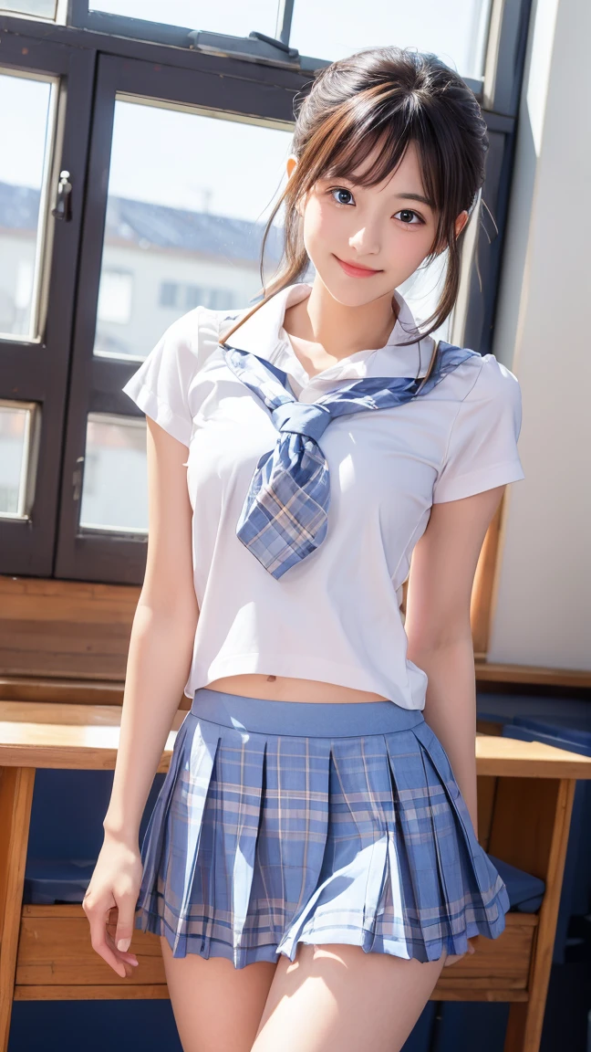 School Girl, a beauty girl, uniform, skinny, body shot, Classroom、17 age、Lower body only、a little bit smile、s ass
