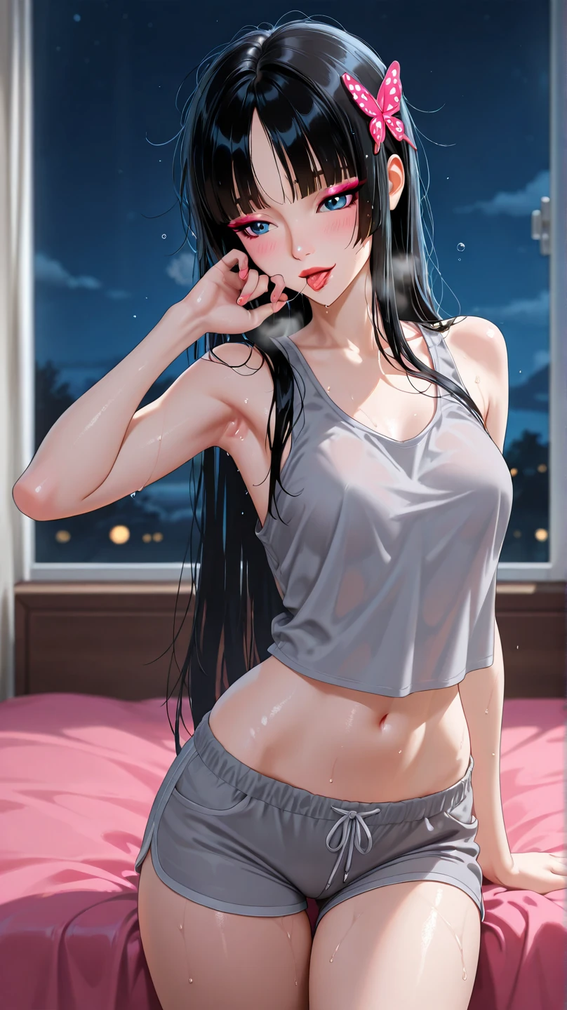 ((((absurdres, RAW photo, extremely delicate and beautiful, masterpiece, Best Quality, ultra high resolution, 32k, hyperrealistic, ultra-detailed)))), in her 20s, very Slim body, narrow waist, very small head, very small face, delicate facial features, beautiful face, beautiful eyes, ((very huge round tits)), medium hair, black hair, wavy hair, tearful mole, earring, full body shot, casual, blouse, white shirt, buttoned shirt, bare shoulders, collarbone, midriff, navel, shorts, straw hat,